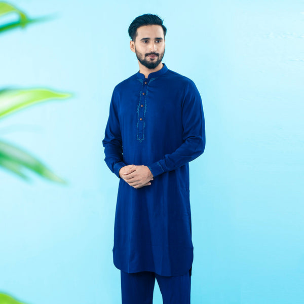 Men's Navy Embroidery Kabli Set