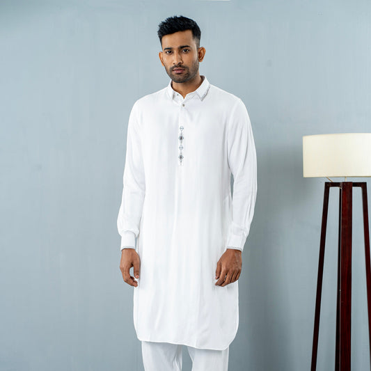 Mens Embroidery Kabli- White