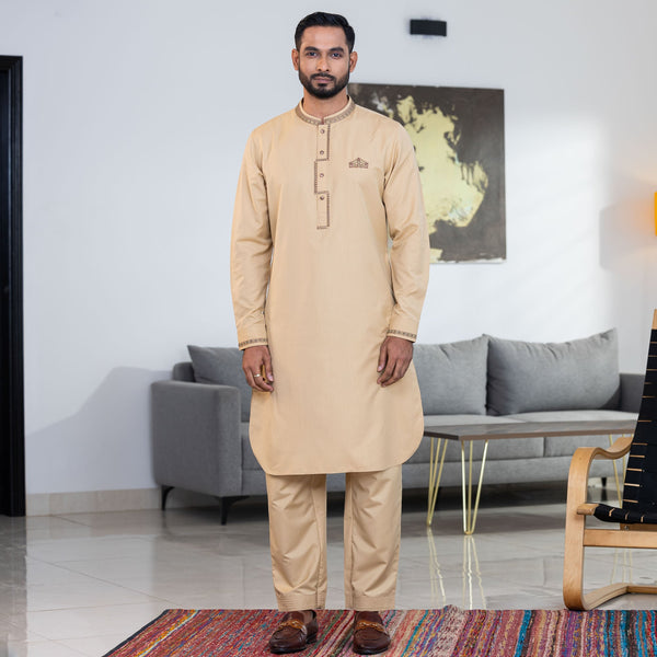 Men's Khaki Embroidery Kabli Set