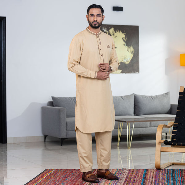 Men's Khaki Embroidery Kabli Set