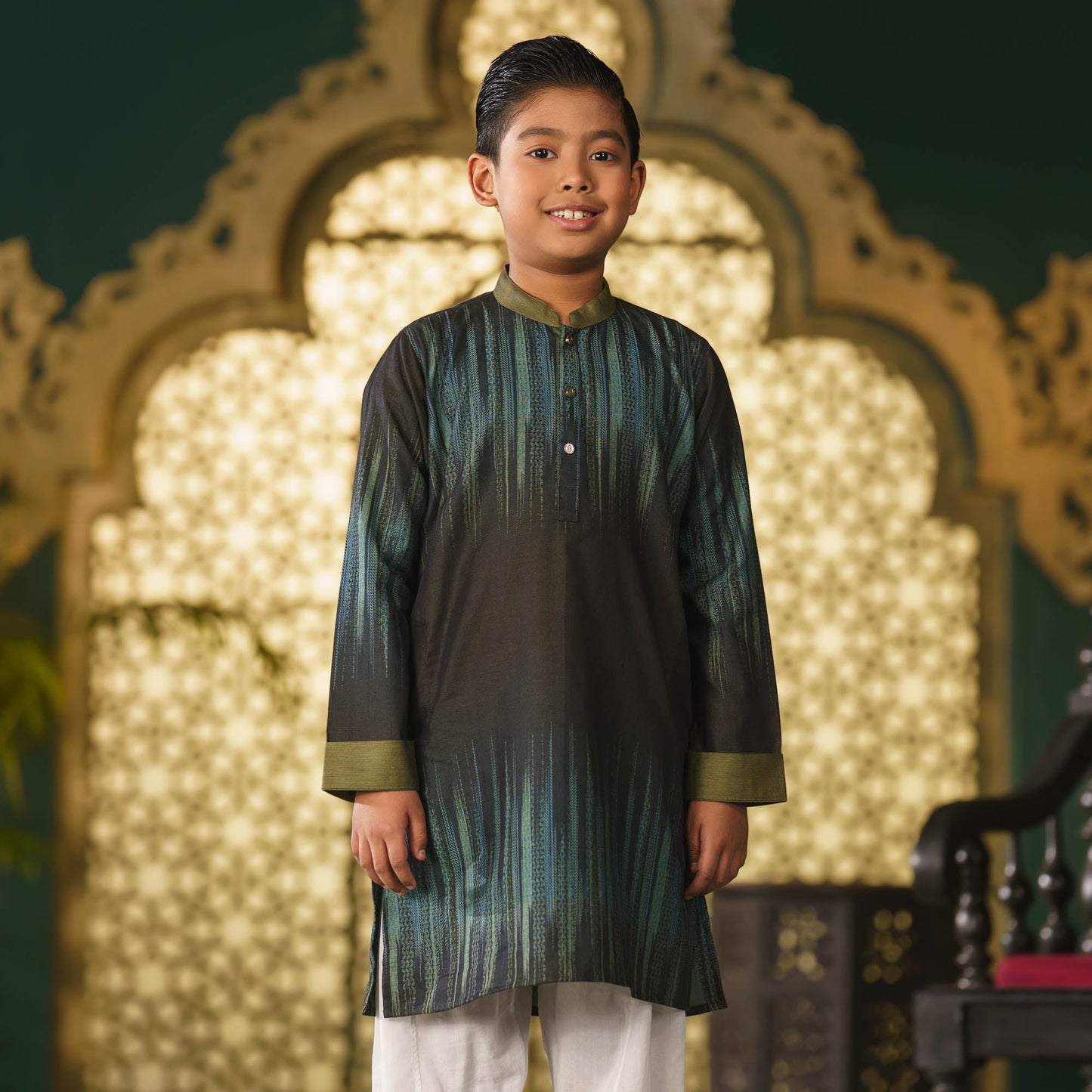 Boys Green-Navy Basic Panjabi