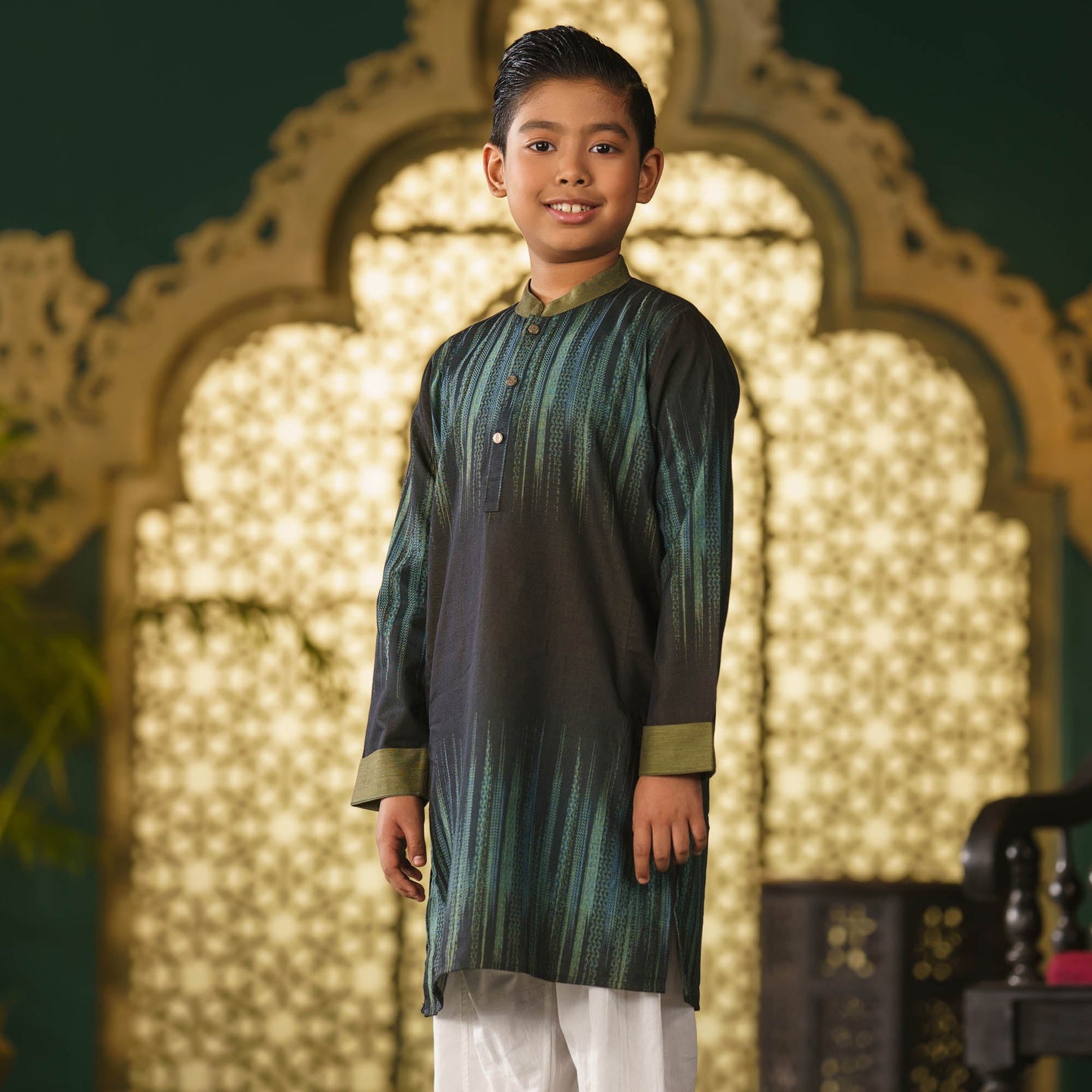 Boy's Green-Navy Basic Panjabi