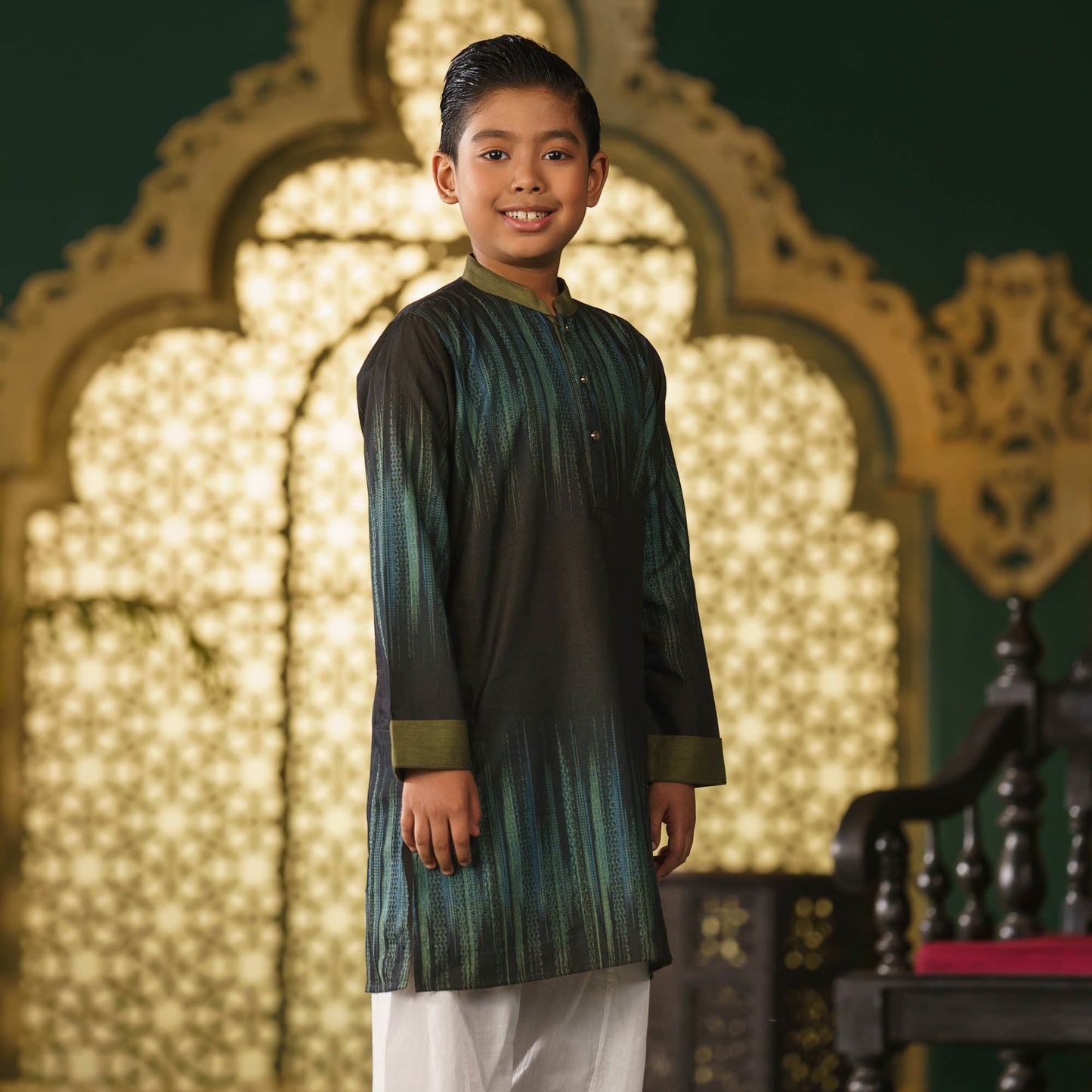 Boys Green-Navy Basic Panjabi