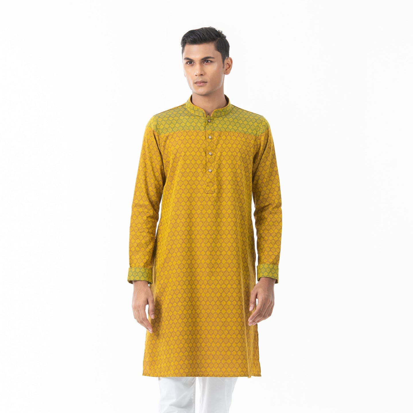 Mens Yellow-Maroon Printed Panjabi