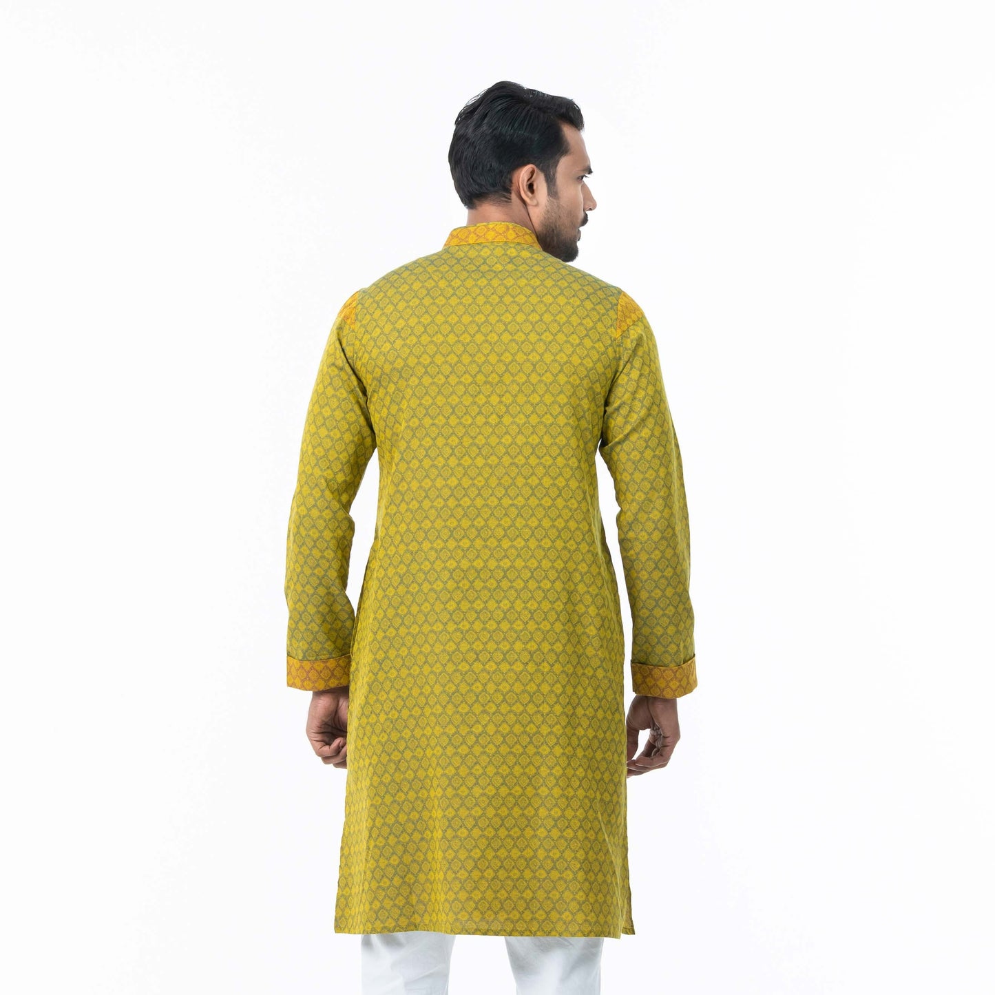 Mens Yellow-Blue Printed Panjabi