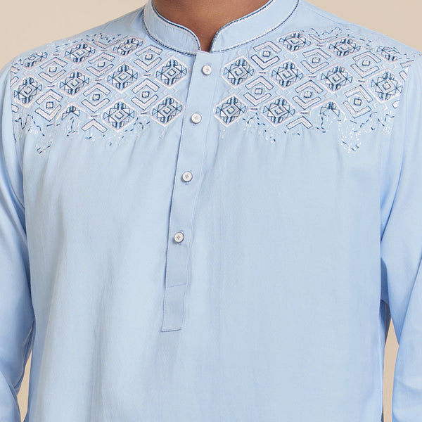 Men's Sky-Blue Embroidery Panjabi