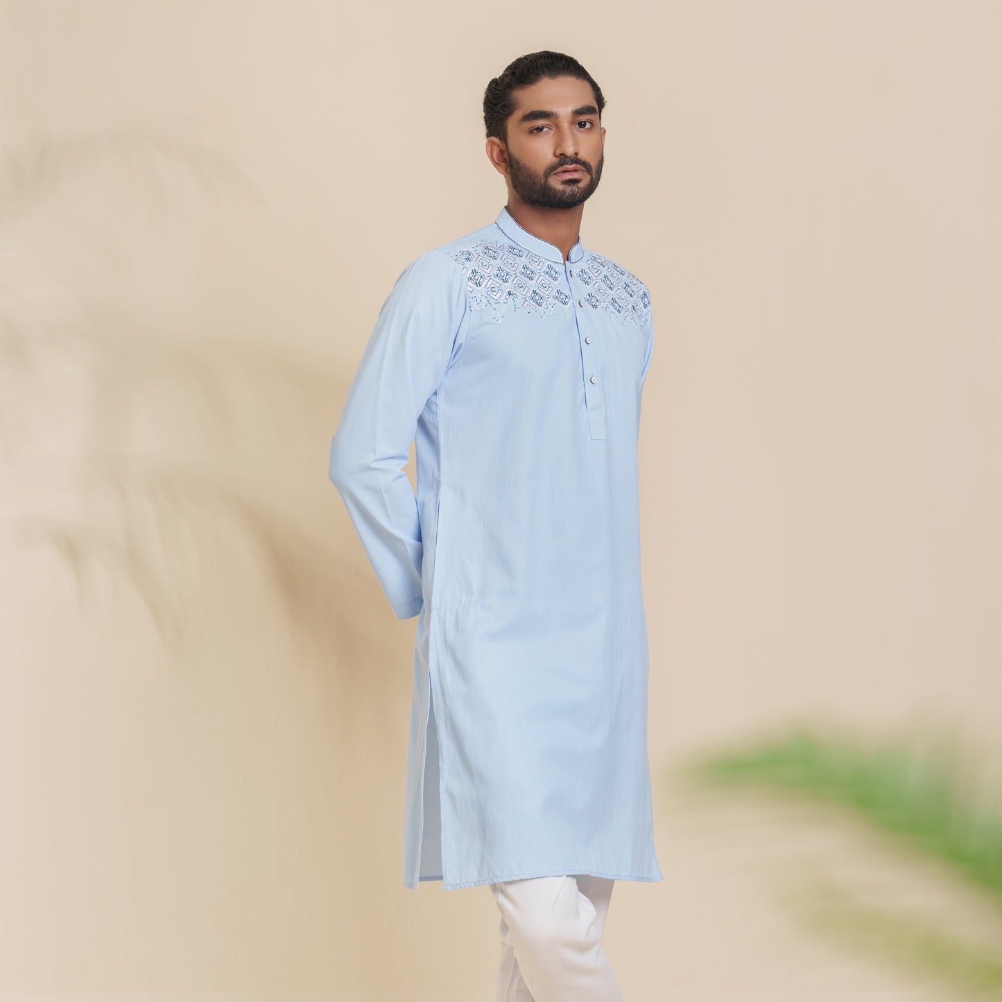 Men's Sky-Blue Embroidery Panjabi