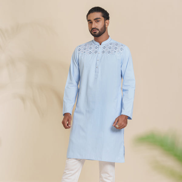 Men's Sky-Blue Embroidery Panjabi