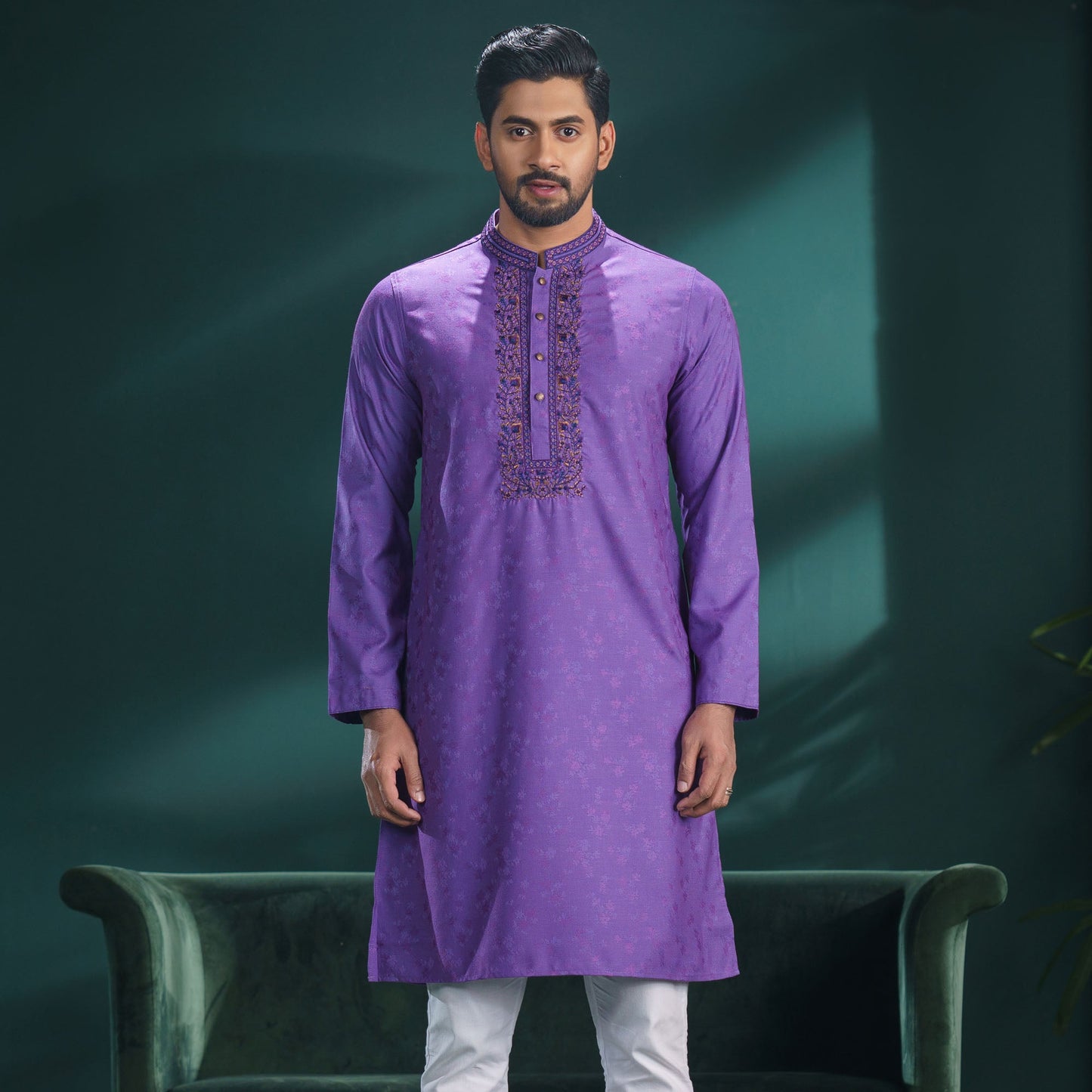 Mens Violet Embroidery Panjabi