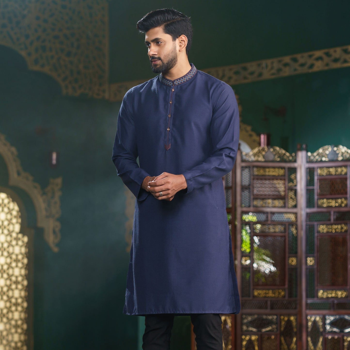 Men's Navy Embroidered Panjabi