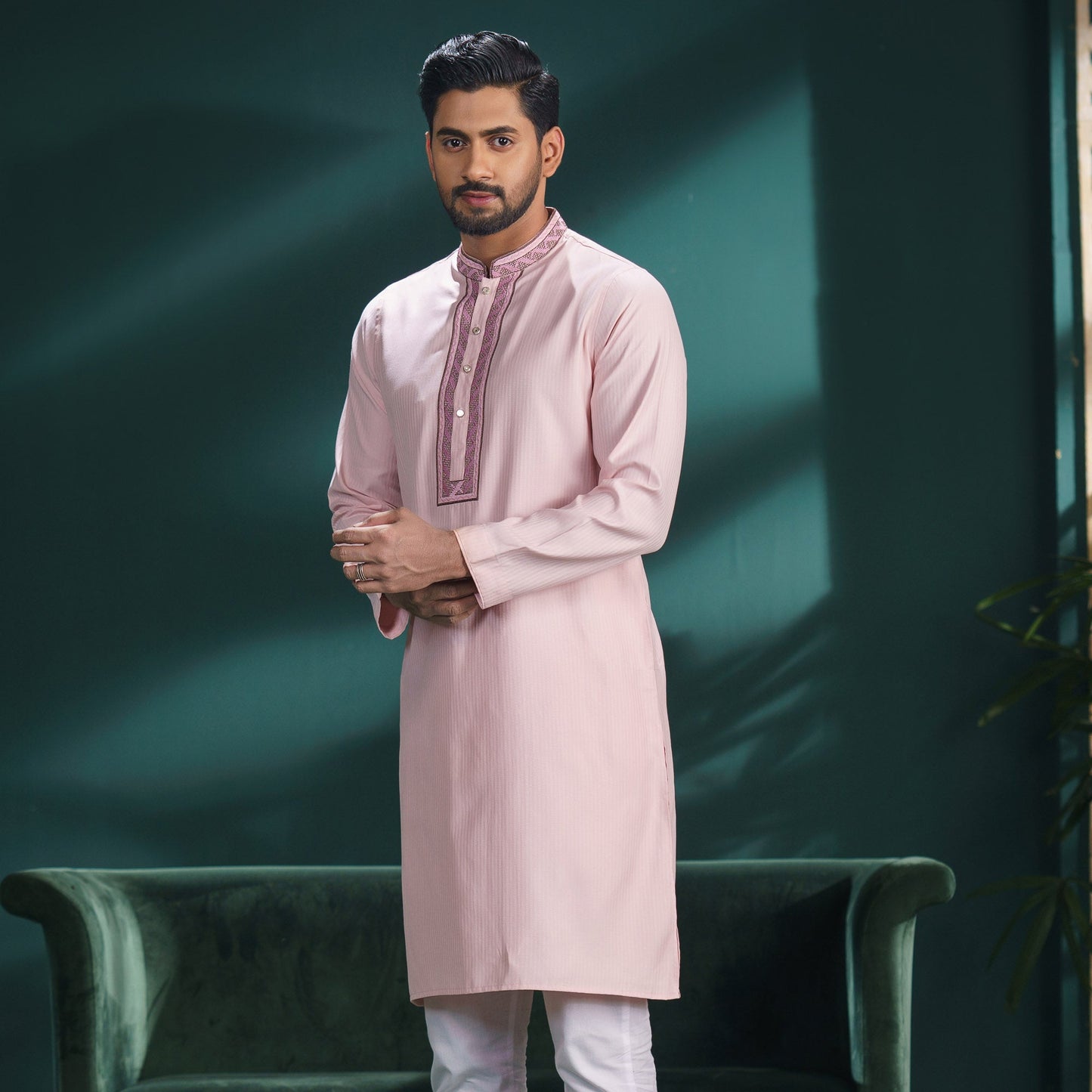 Men's Pink Embroidered Panjabi