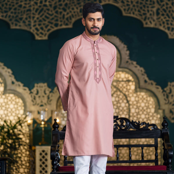 Men's Pink Embroidered Panjabi