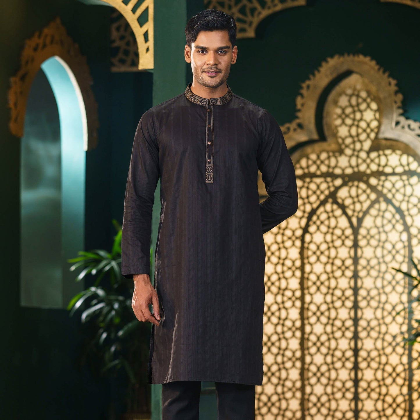 Men's Black Embroidered Panjabi