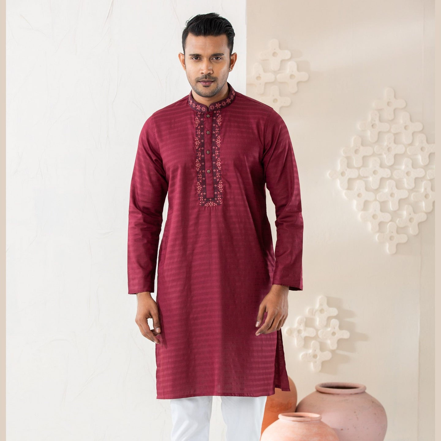 Men's Burgundy Embroidered Panjabi