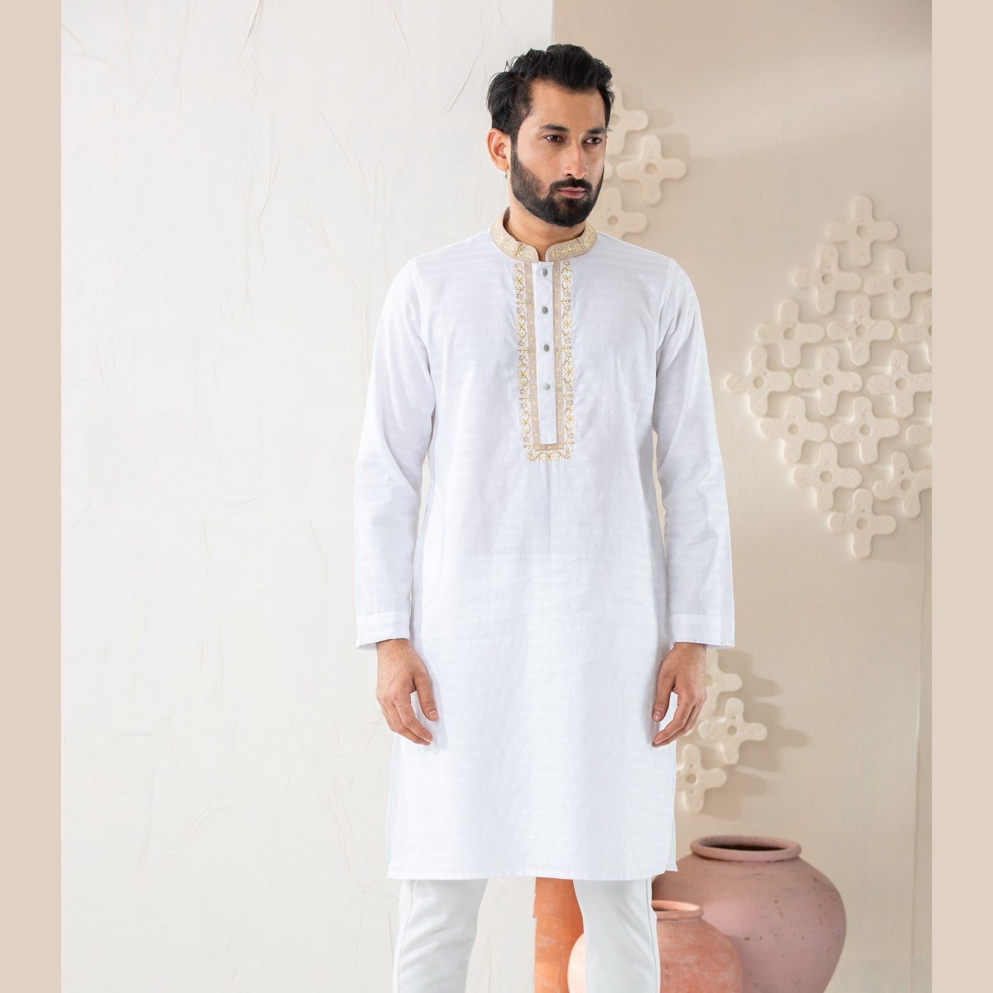 Mens White Embroidered Panjabi
