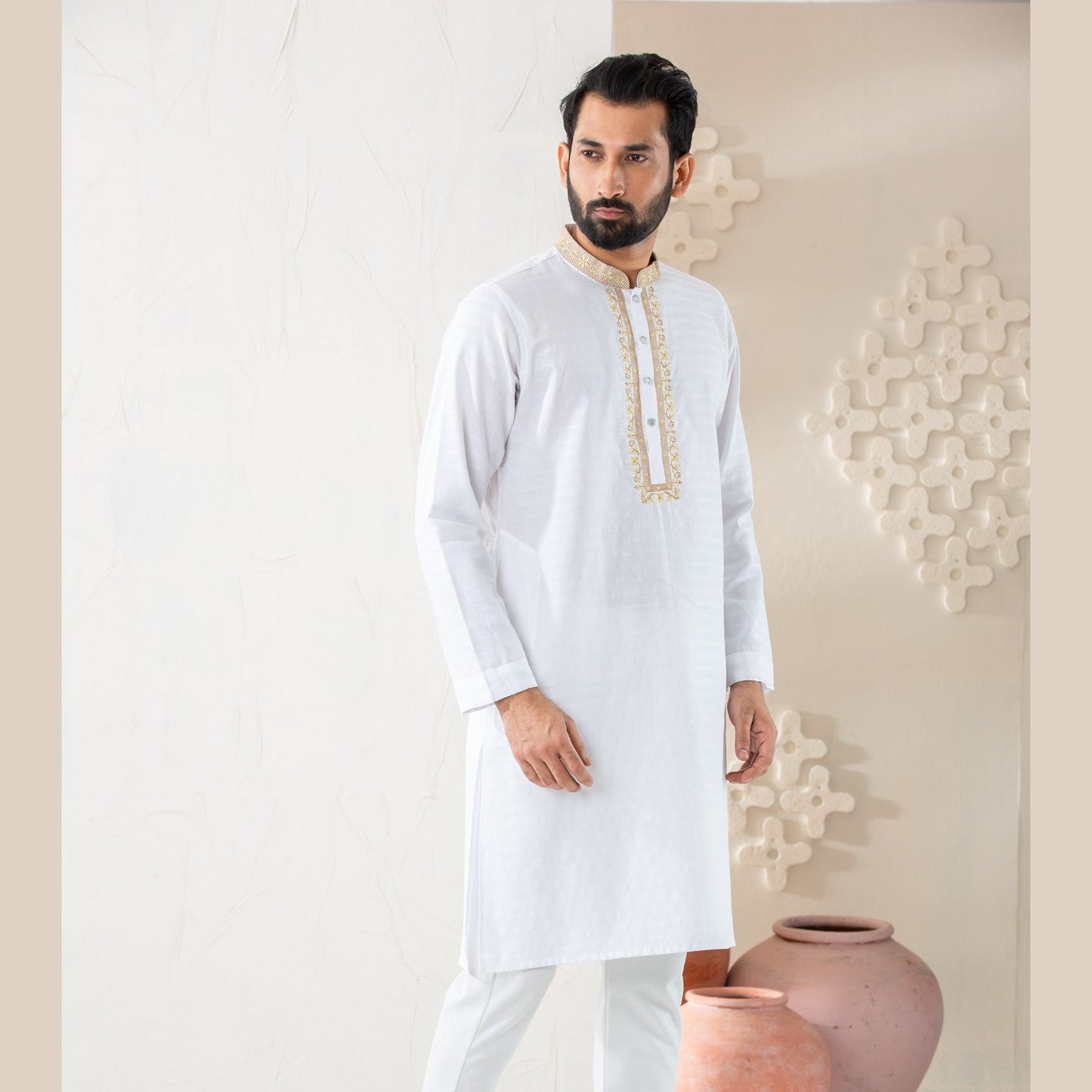 Mens White Embroidered Panjabi