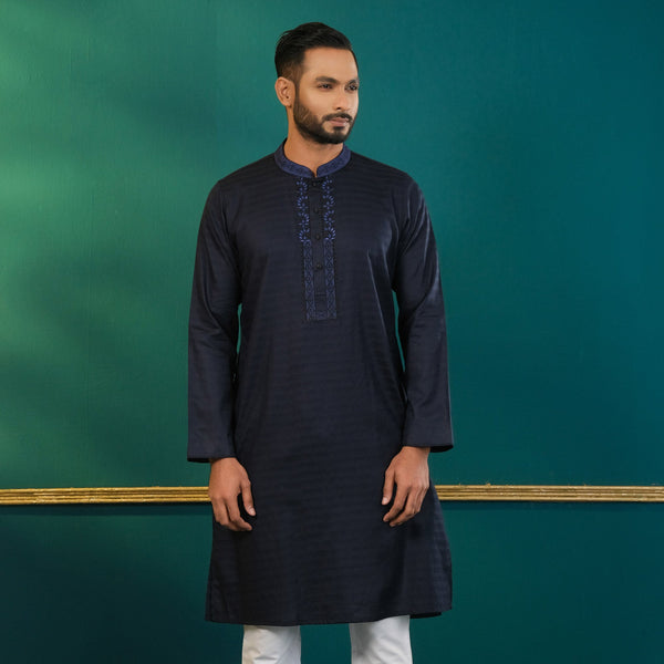 Men's Navy Blue Embroidered Panjabi