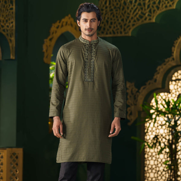 Men's Olive Green Embroidered Panjabi