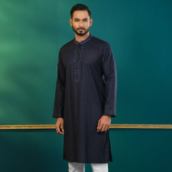 Men's Navy Blue Embroidered Panjabi