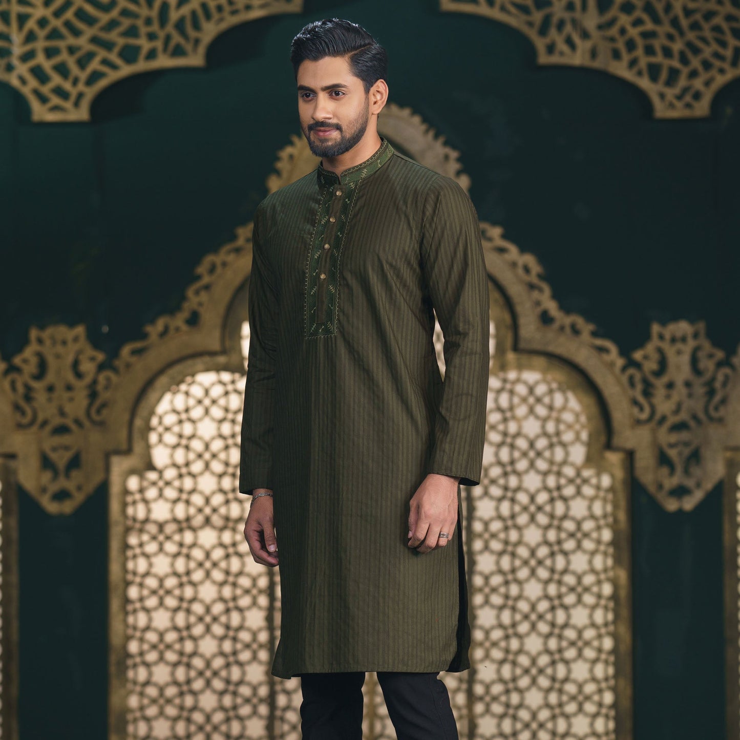 Mens Olive Embroidered Panjabi