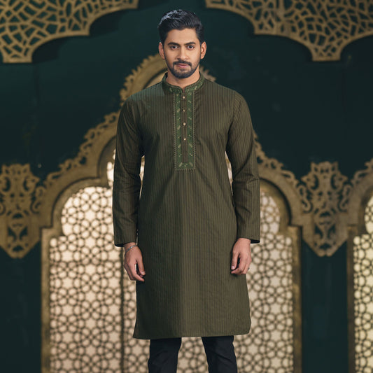 Mens Olive Embroidered Panjabi