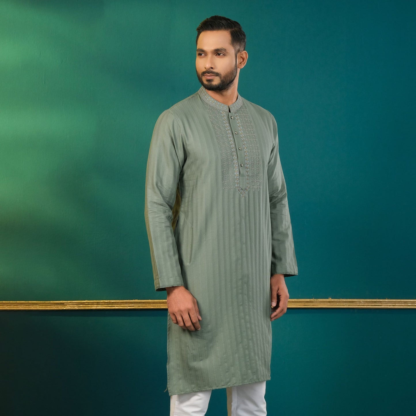 Mens Army Green Embroidery Panjabi