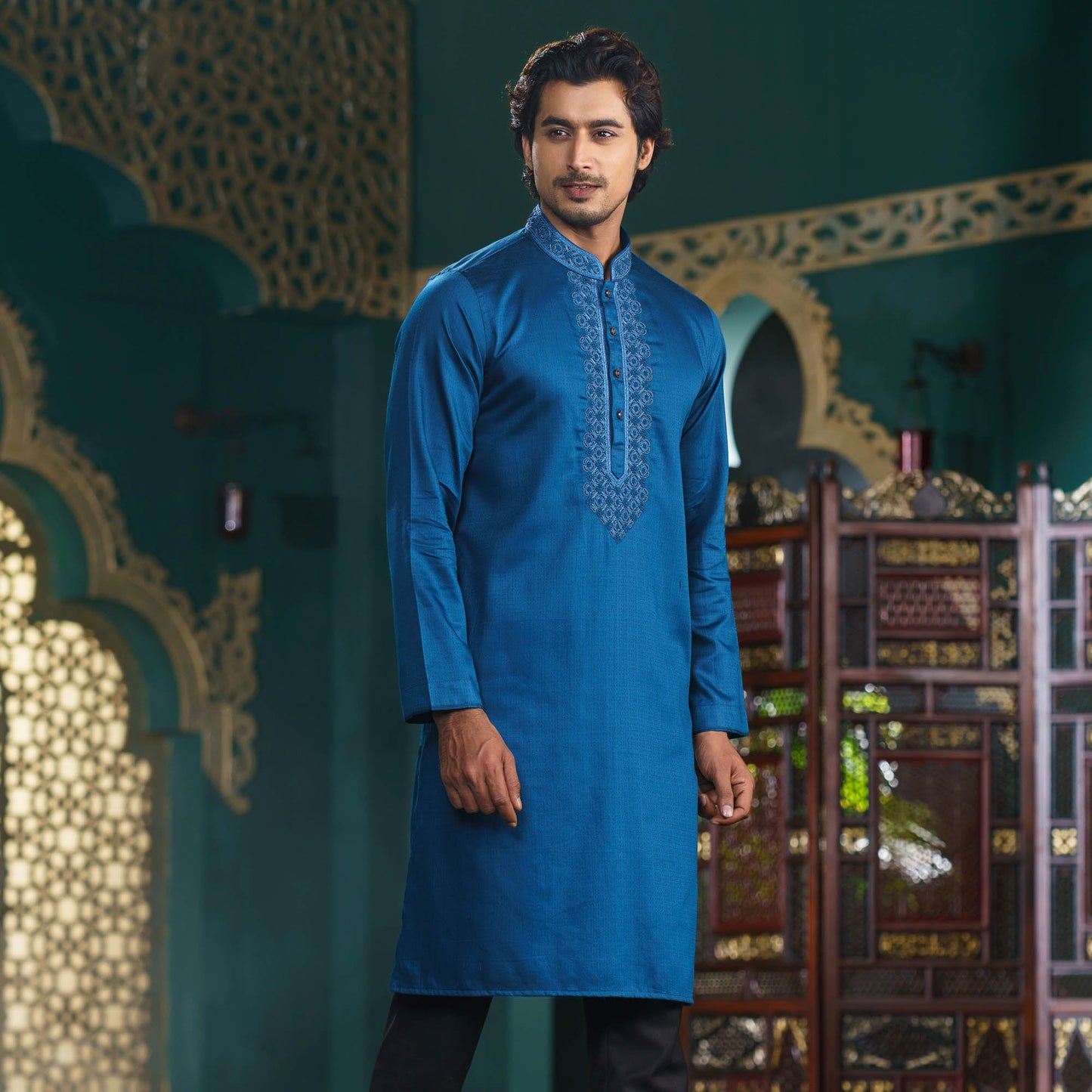 Mens Karchupi Panjabi-Teal