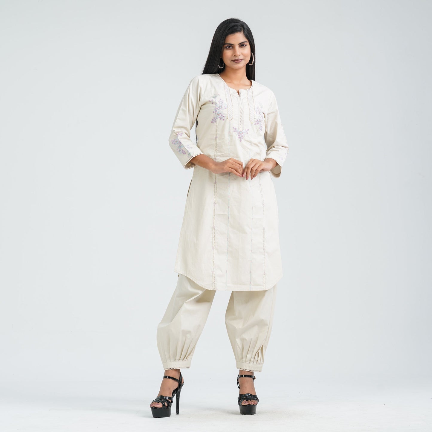 Women’s Cream Cotton Embroidered Two Piece Set