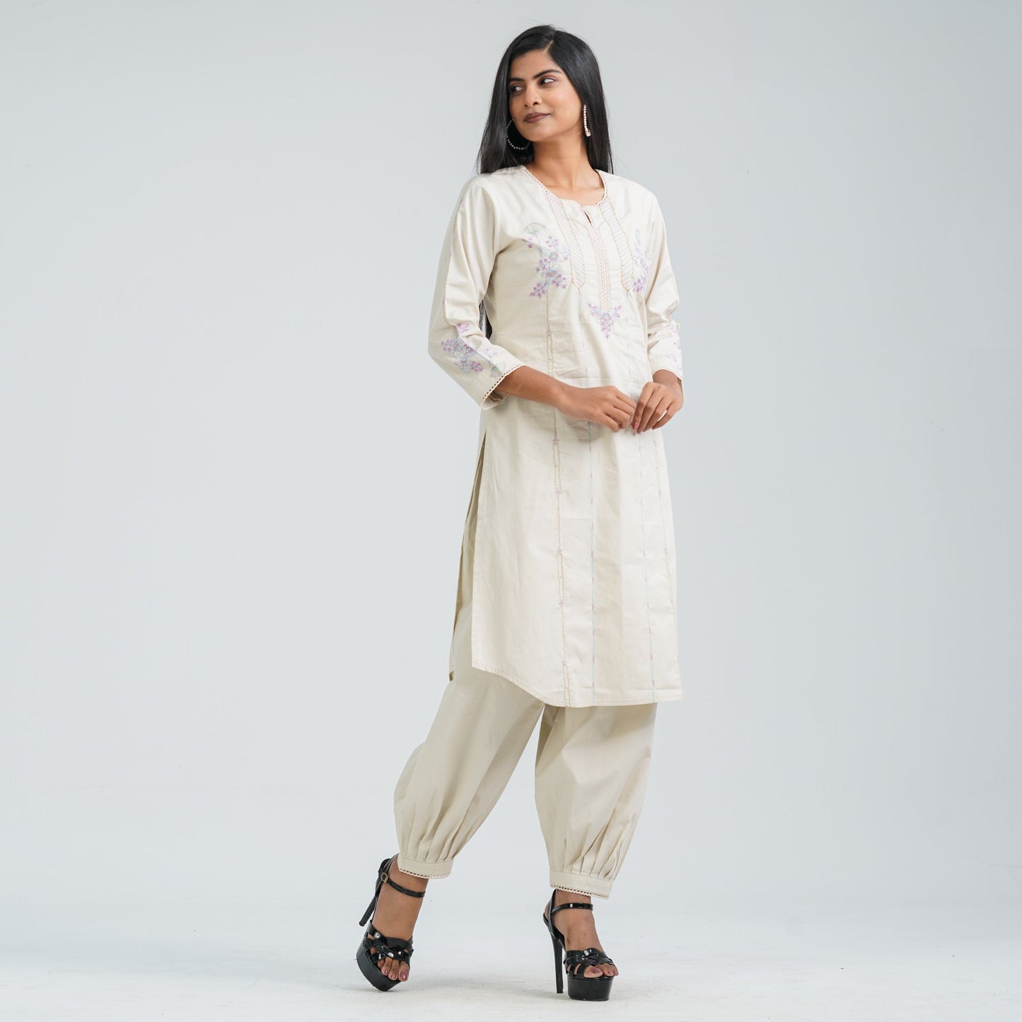 Women’s Cream Cotton Embroidered Two Piece Set