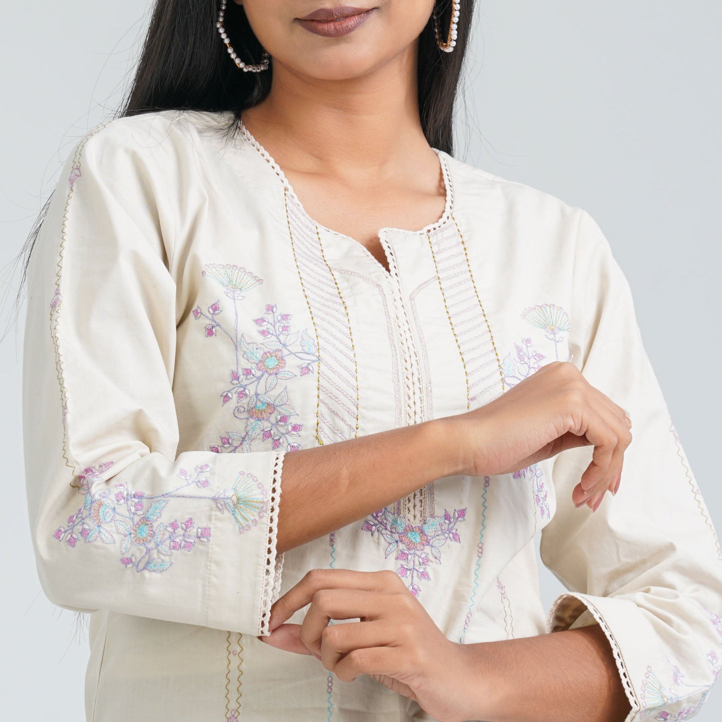 Women’s Cream Cotton Embroidered Two Piece Set