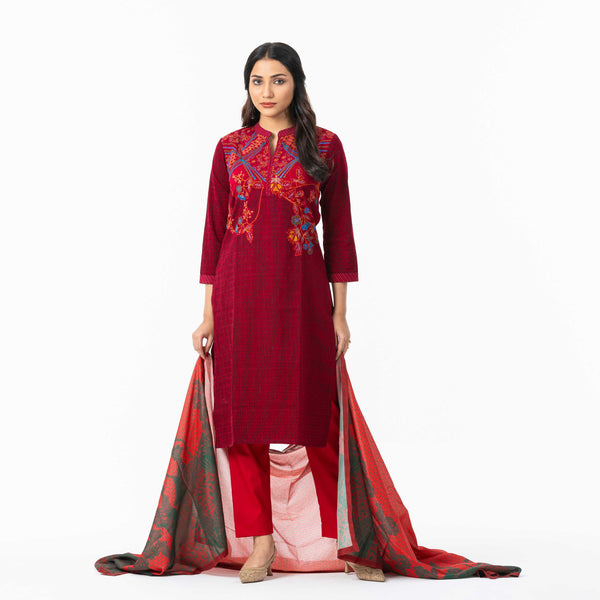 Womens Maroon Embroidered Silk Set