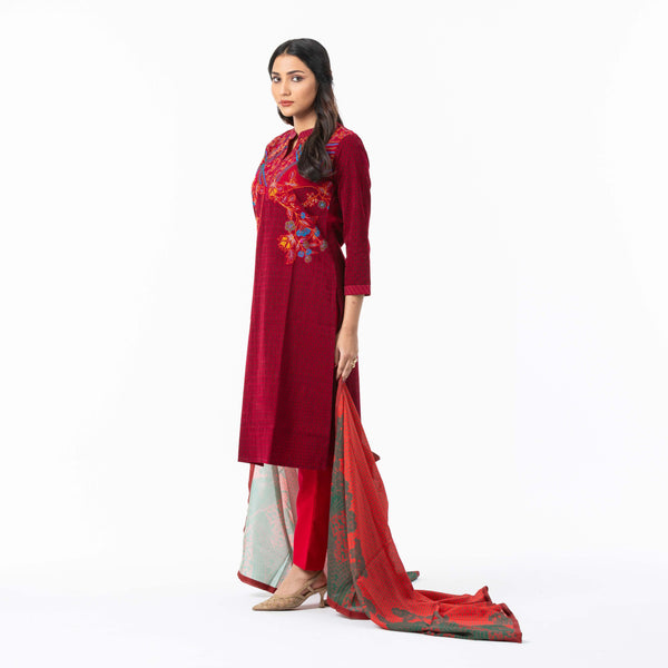 Womens Maroon Embroidered Silk Set