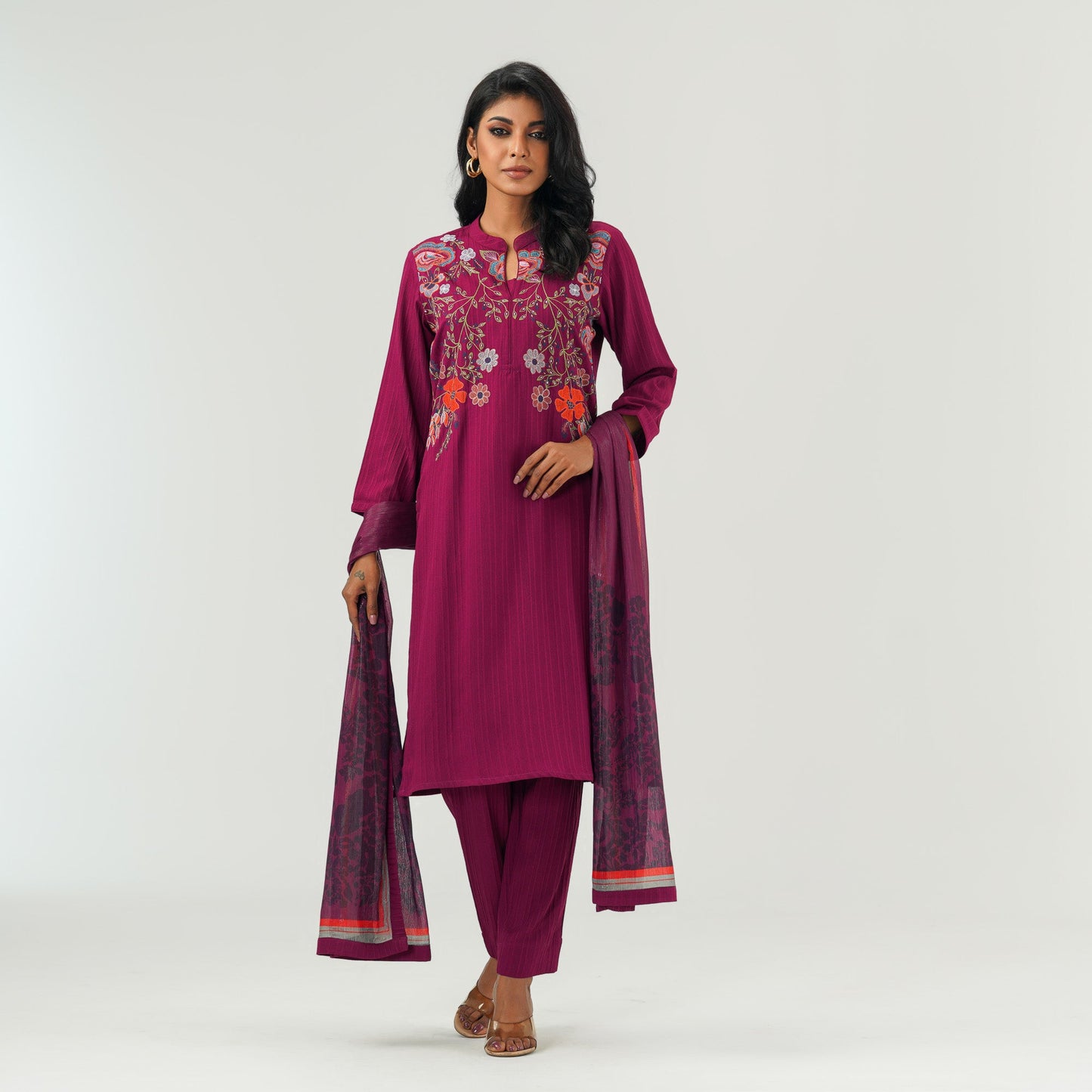 Womens Maroon Ethnic Three Piece Set
