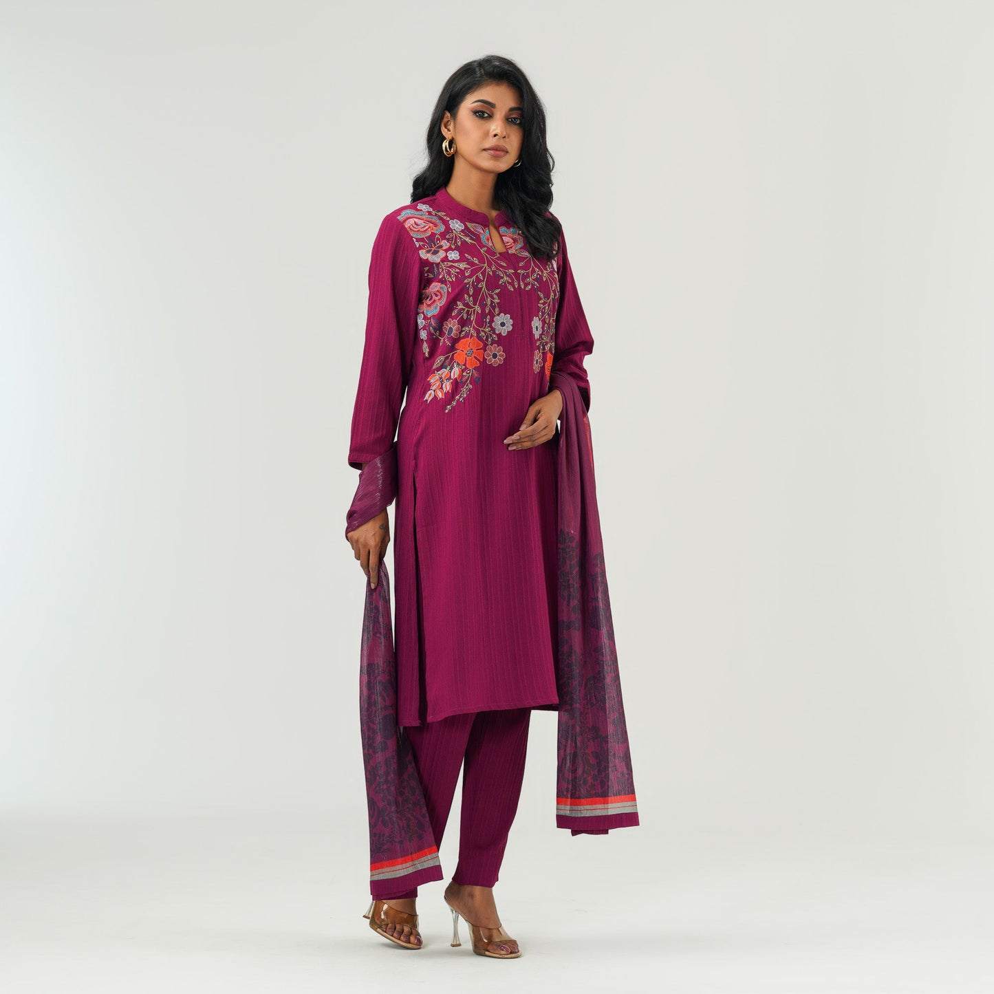 Womens Maroon Ethnic Three Piece Set