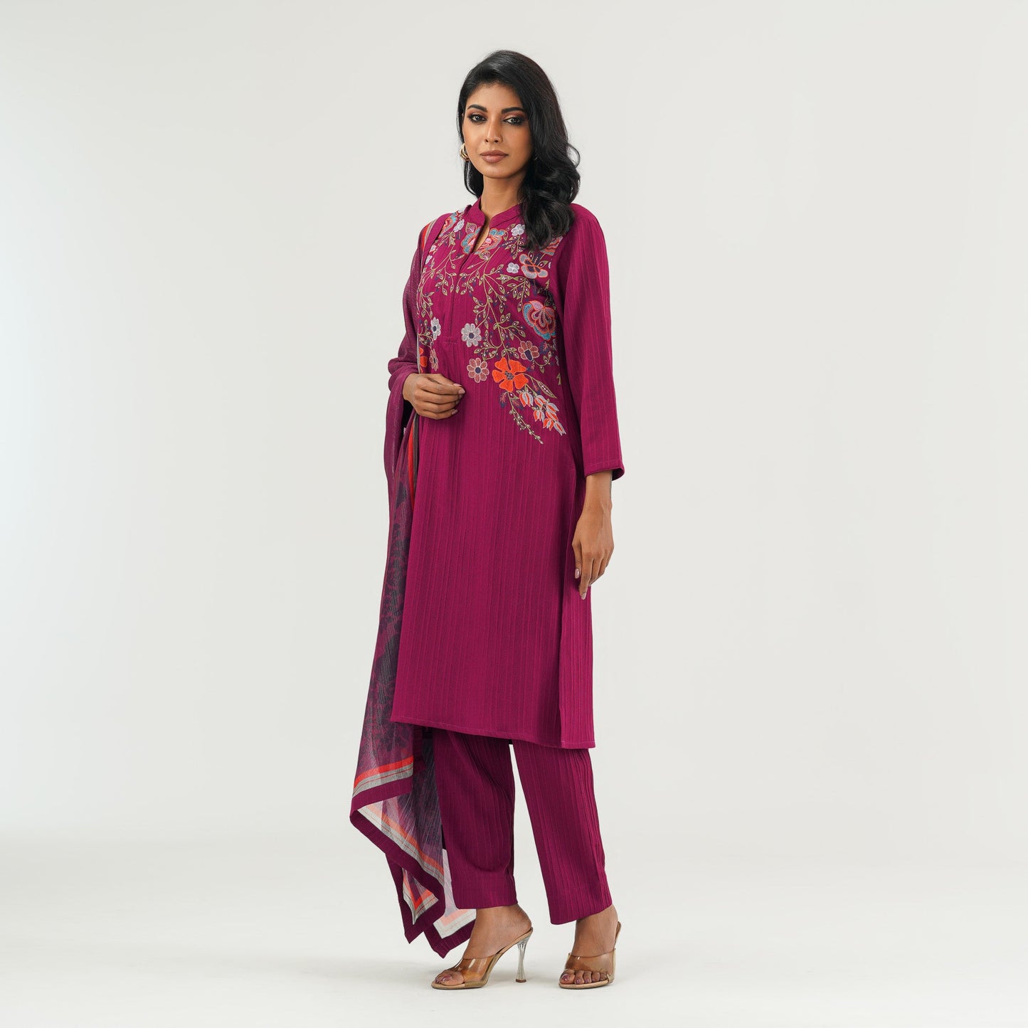 Womens Maroon Ethnic Three Piece Set