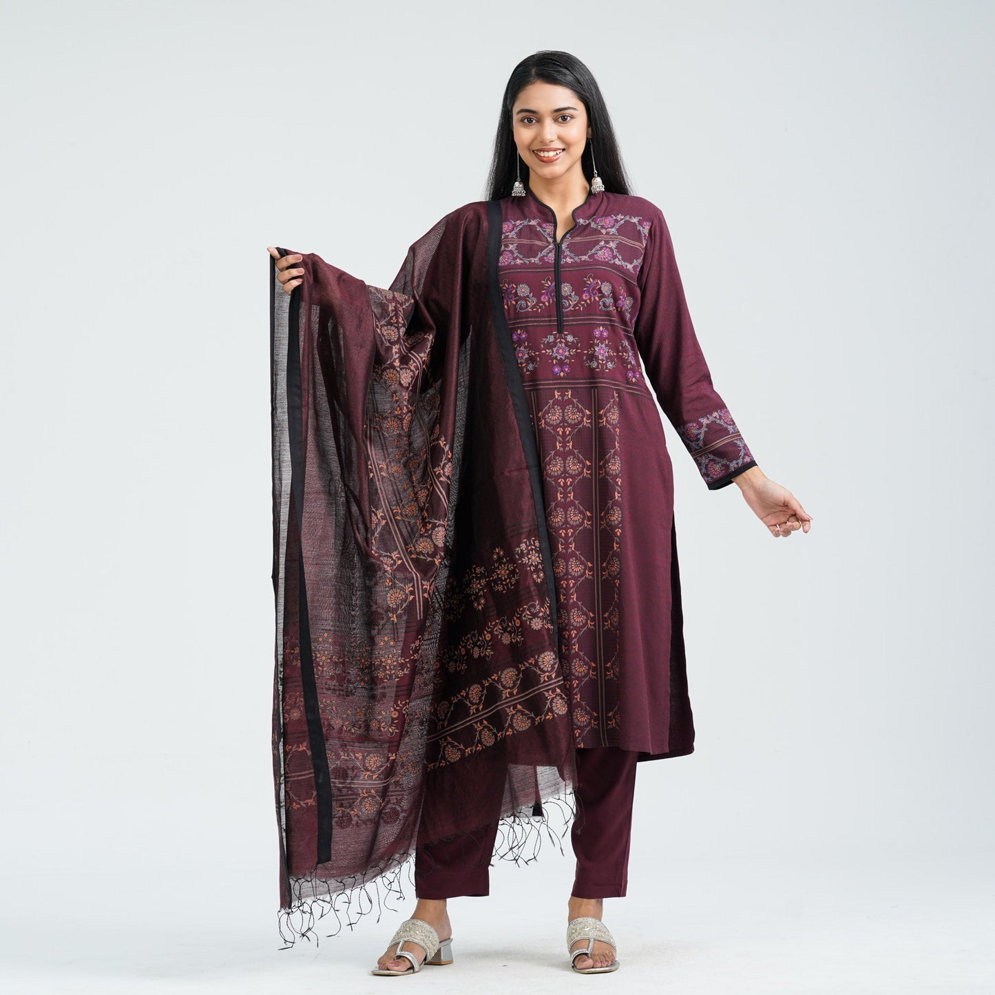 Women's Maroon Viscose Three Piece Set
