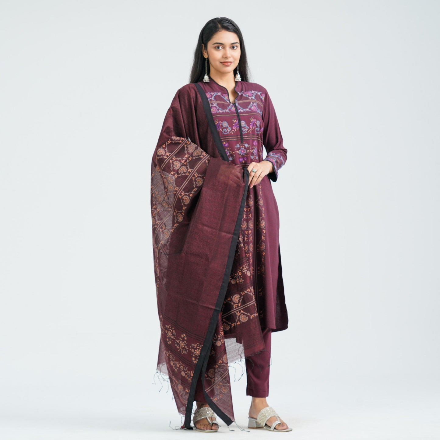 Women's Maroon Viscose Three Piece Set