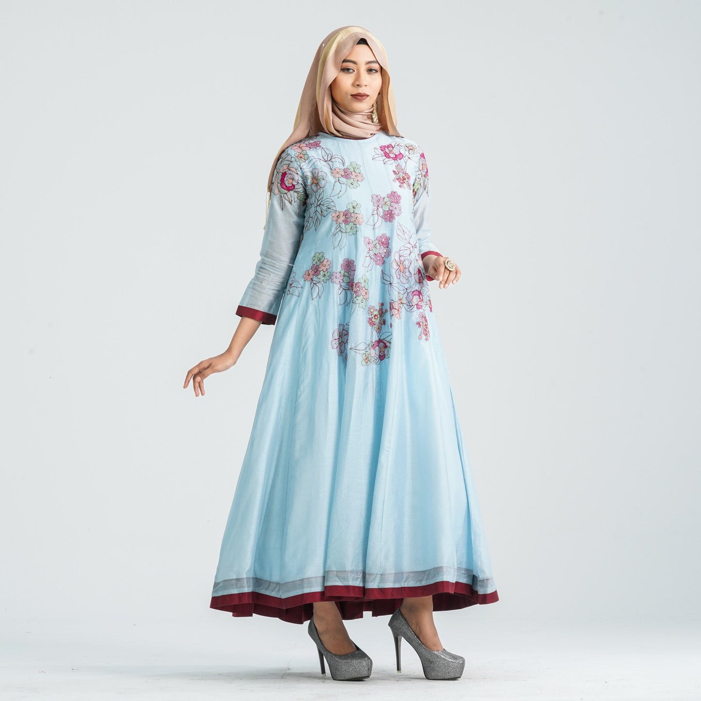 Women Half-Silk Embroidered Gown