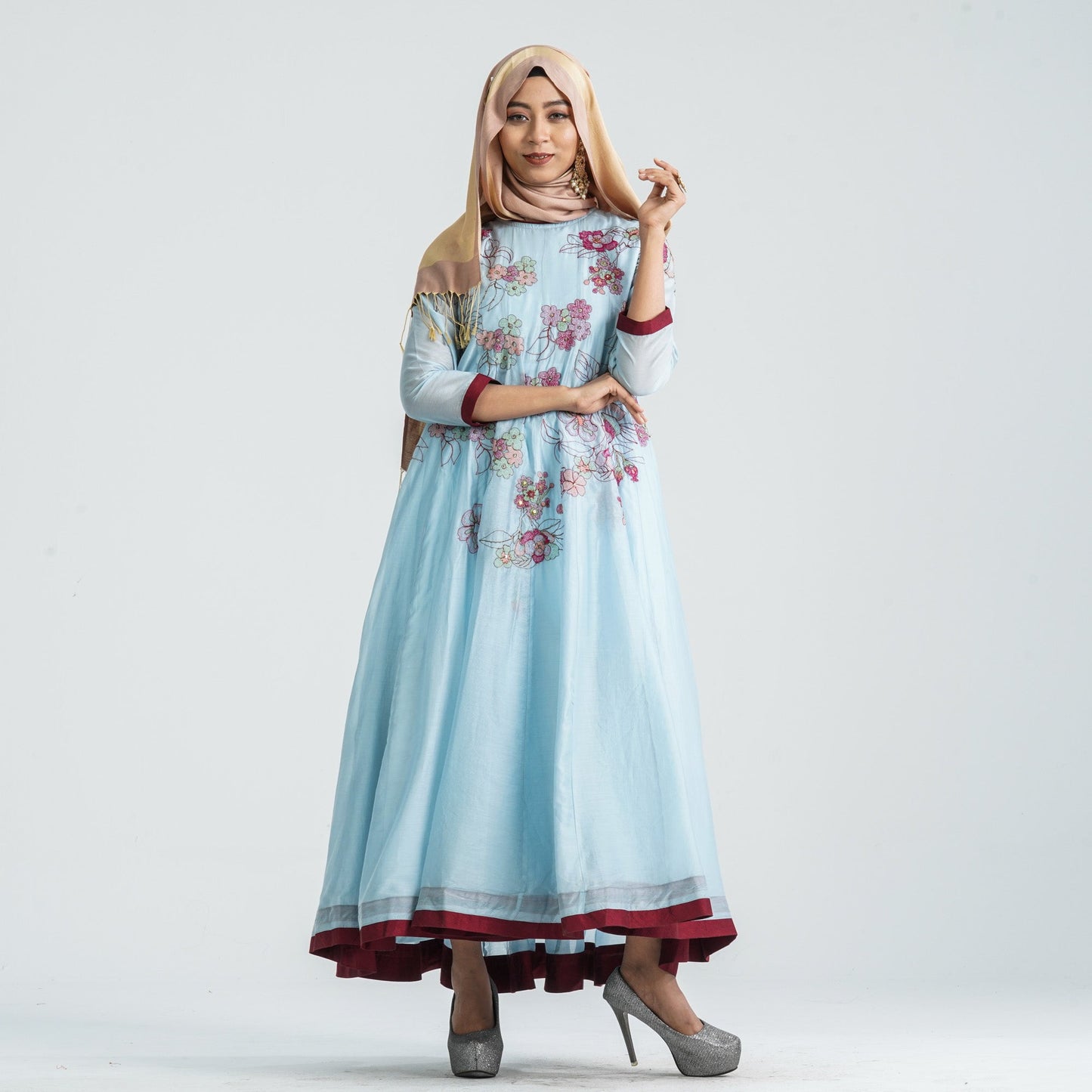 Women Half-Silk Embroidered Gown