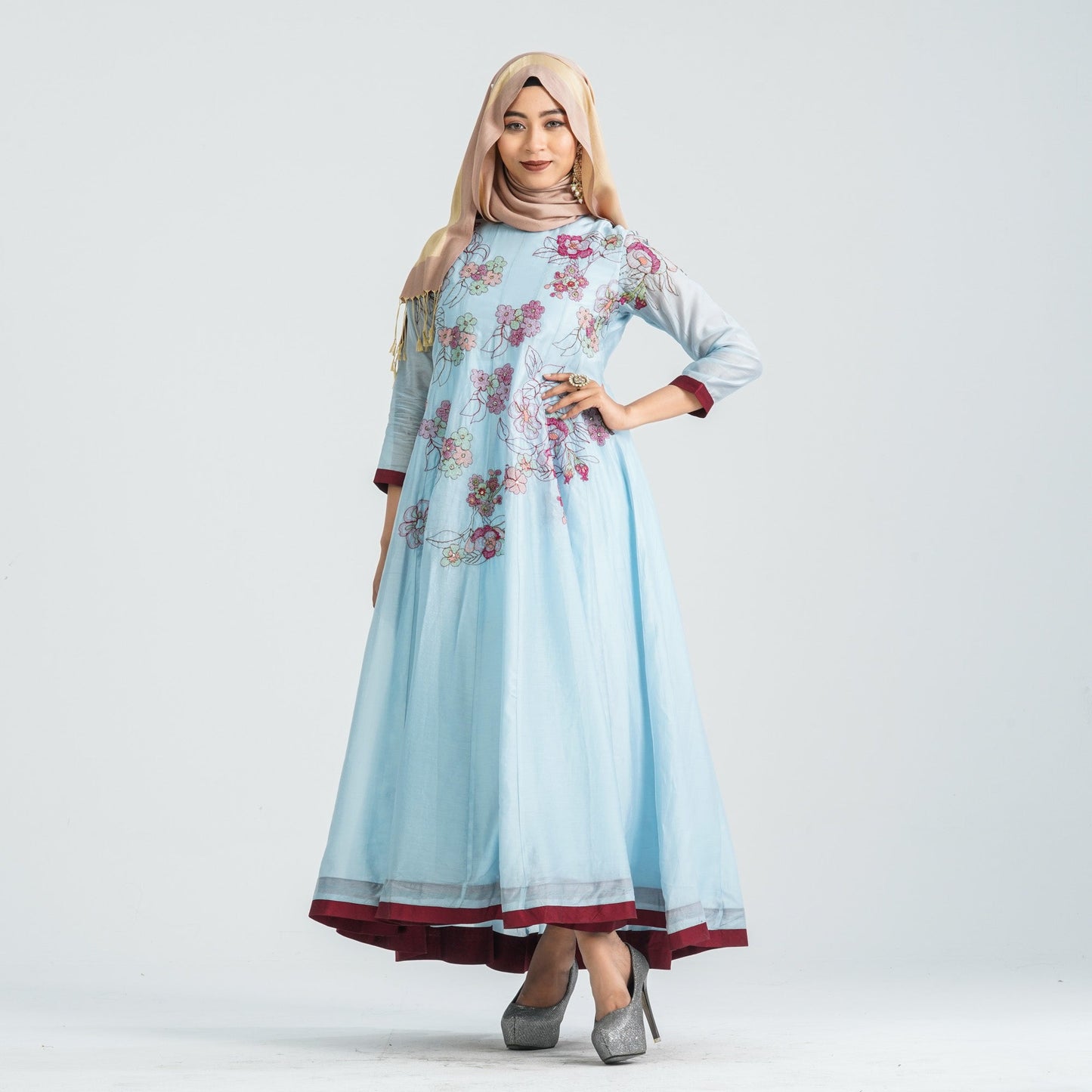 Women Half-Silk Embroidered Gown