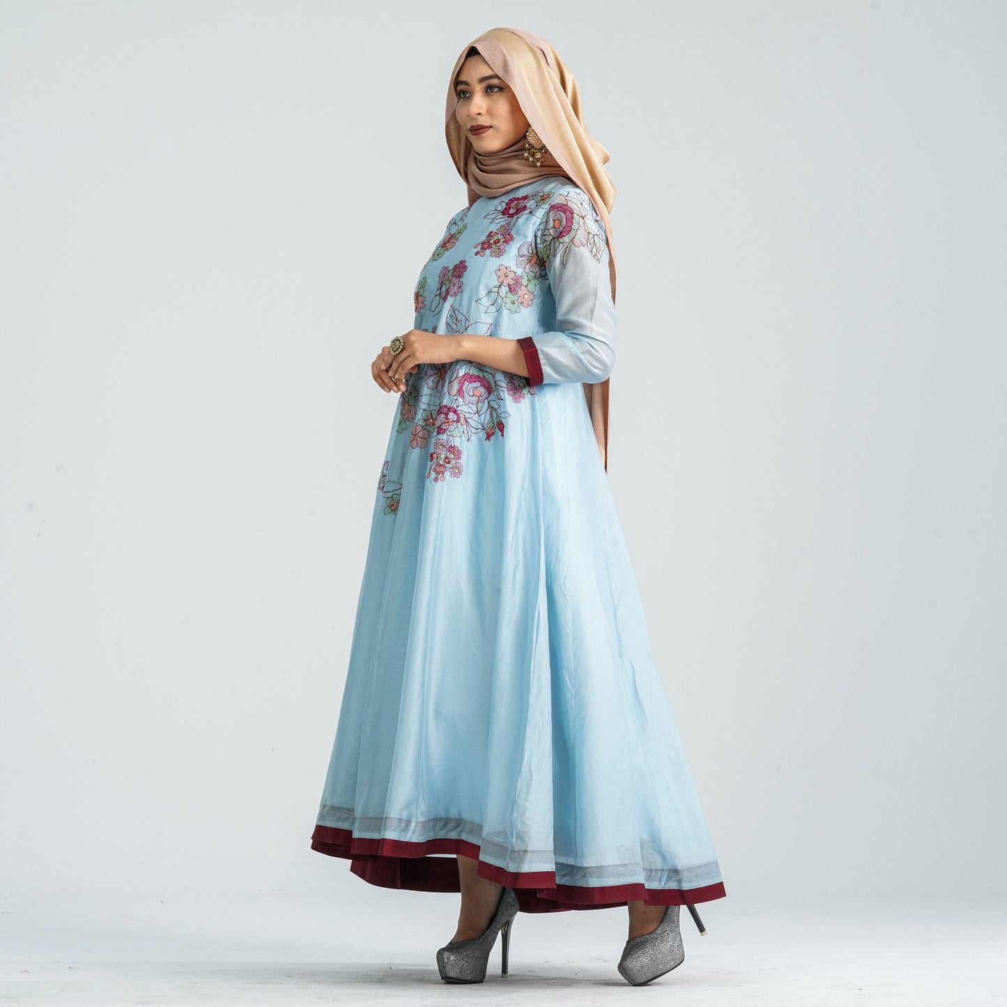 Women Half-Silk Embroidered Gown