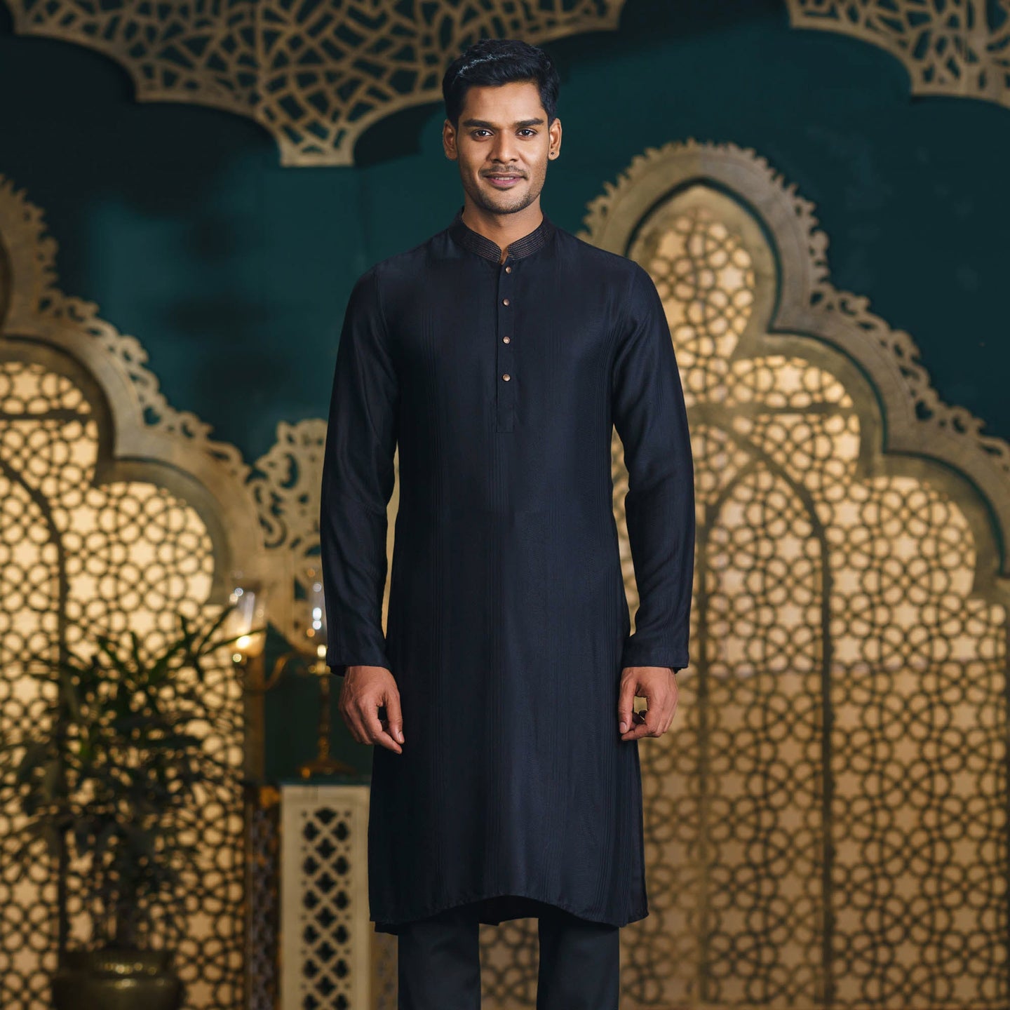 Men’s Black Cotton Silk Panjabi