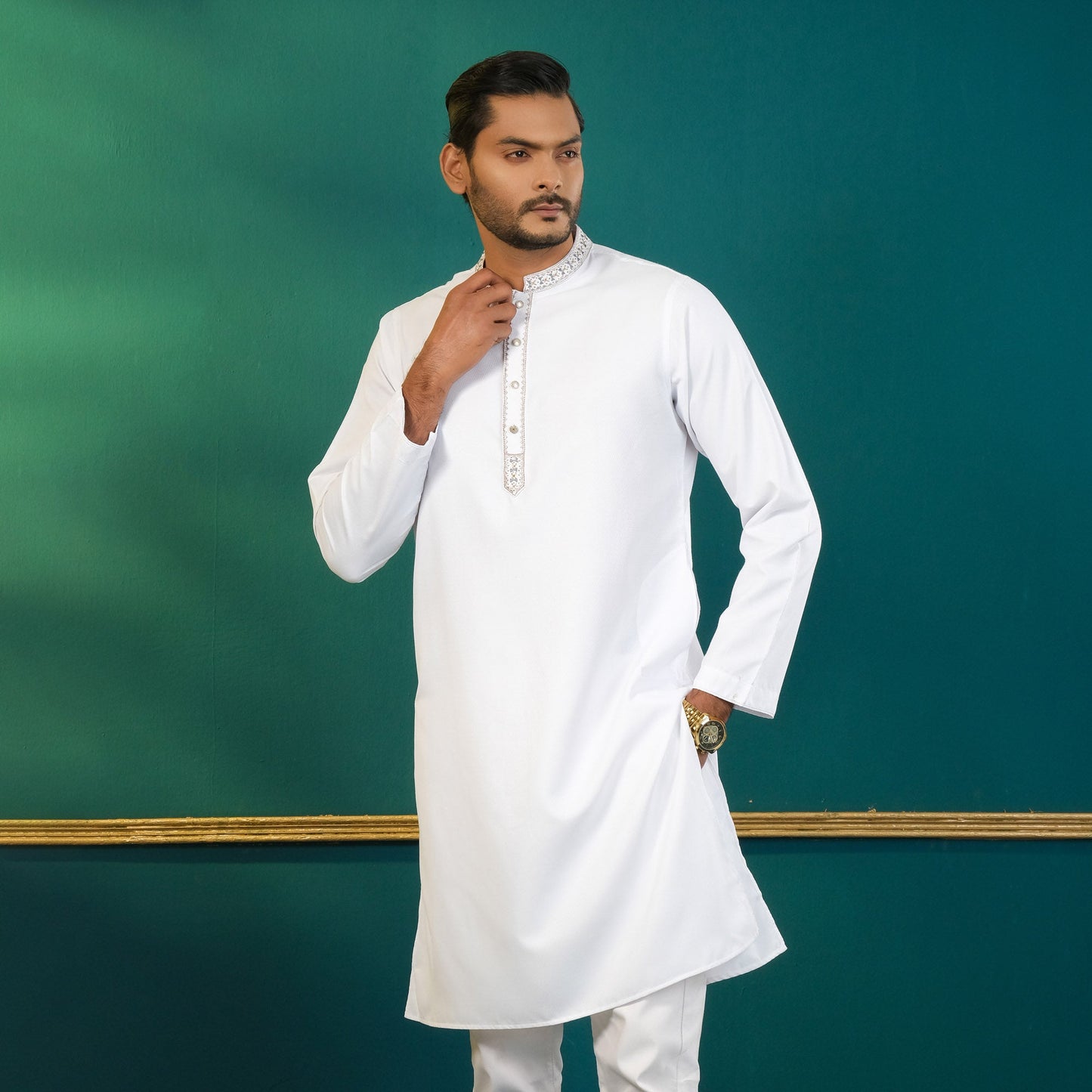 Men's White Embroidery Panjabi