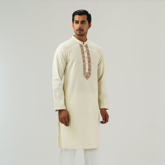 Mens Off White Embroidered Panjabi