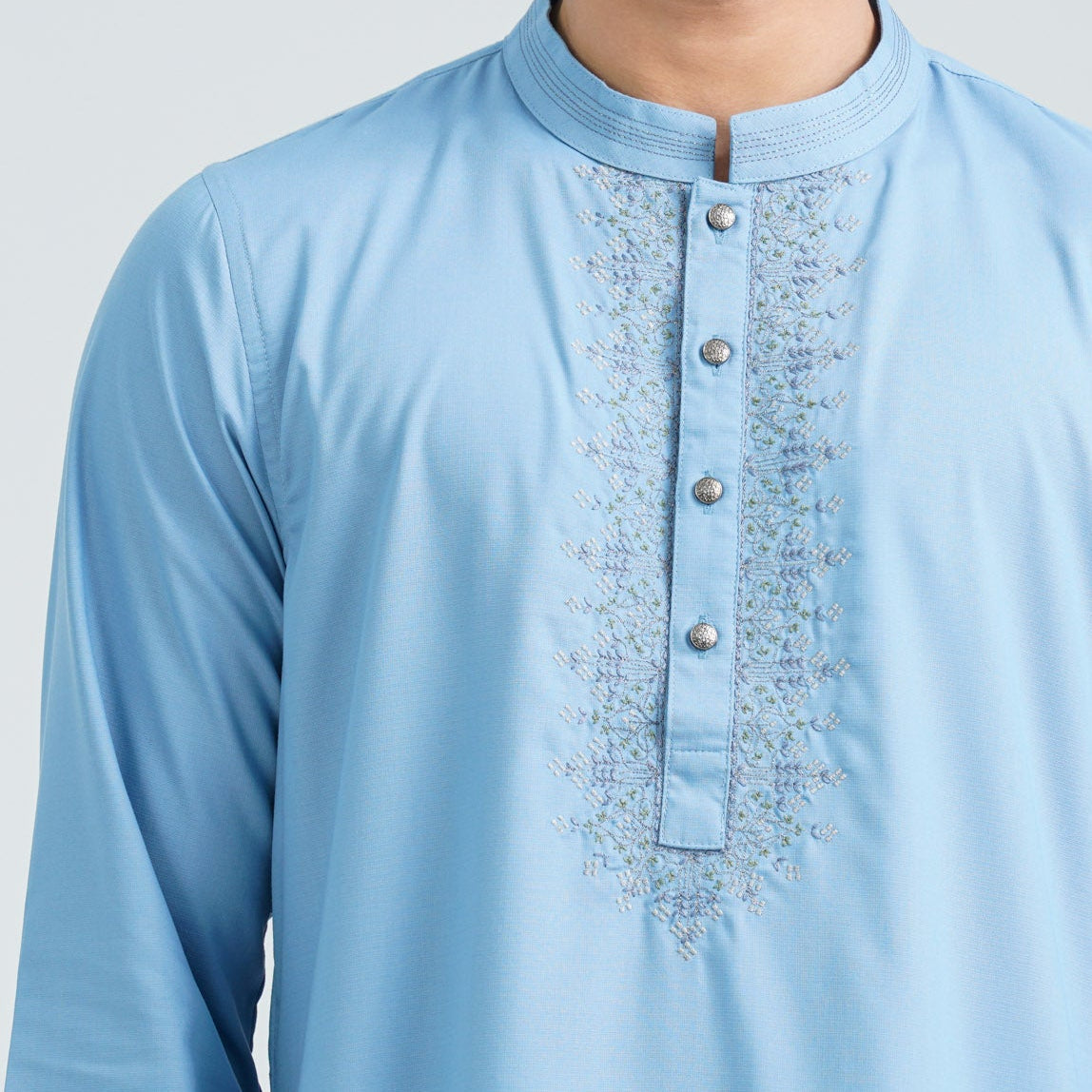 Men's Sky Blue Embroidered Suiting Panjabi