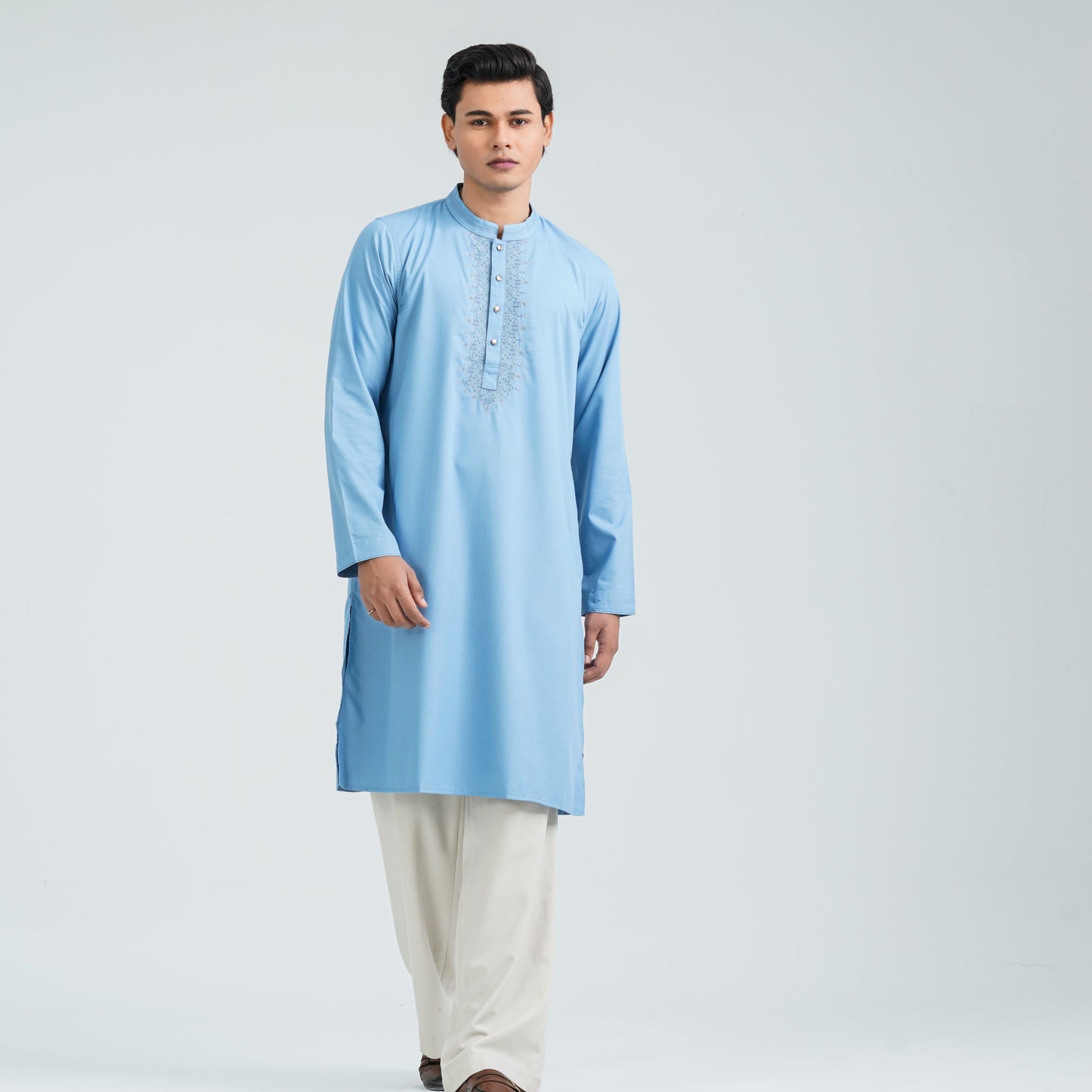 Men's Sky Blue Embroidered Suiting Panjabi