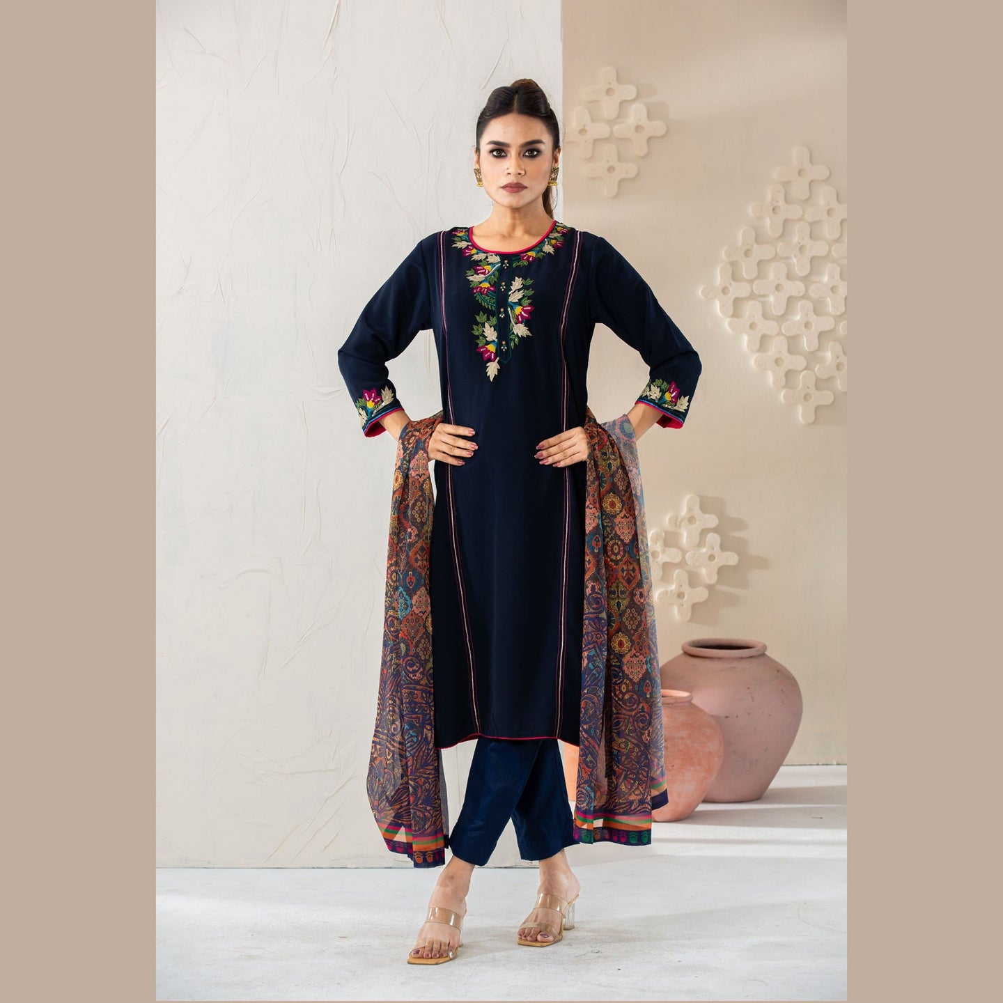 Womens Navy Ethnic 3Pcs Set