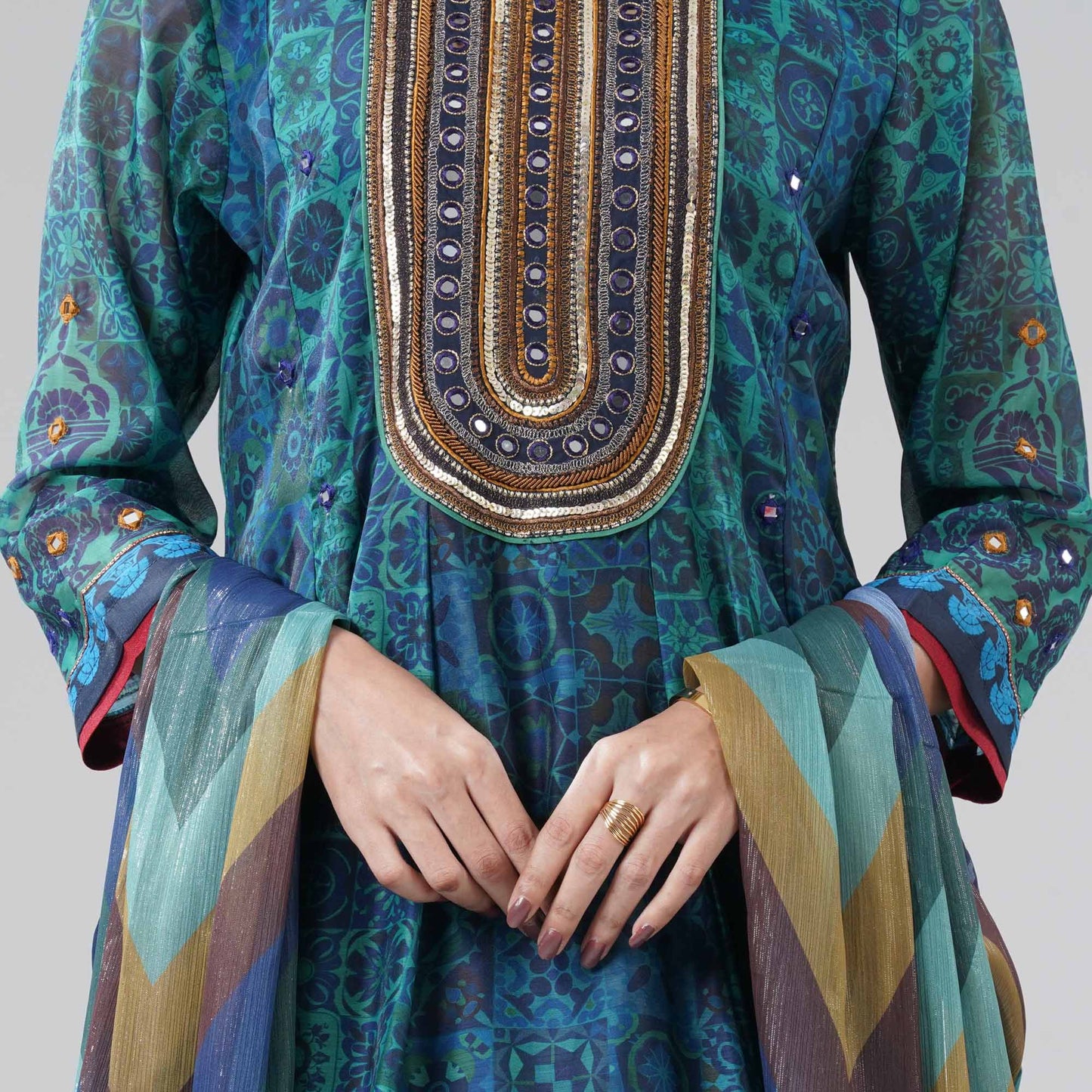 Women Aqua Ethnic Gown Set