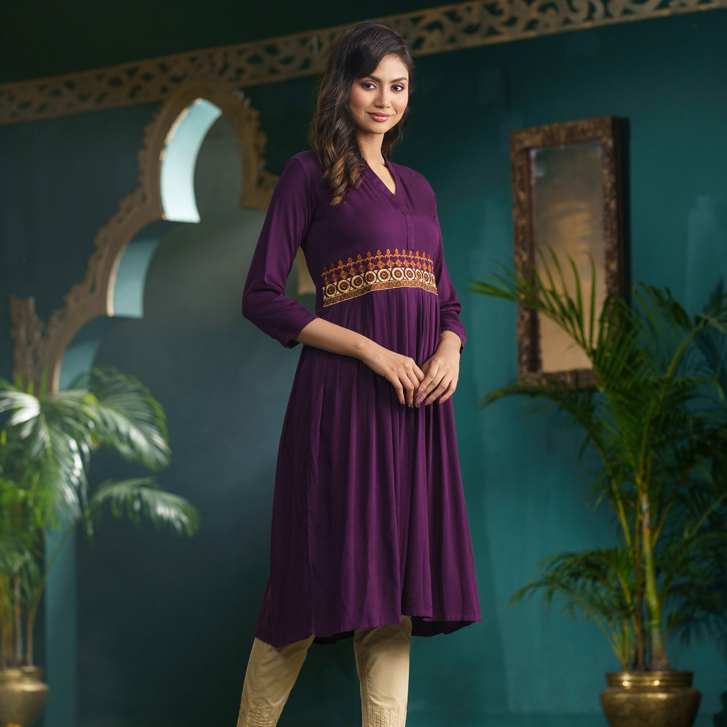 Women Purple Embroidered Kurti