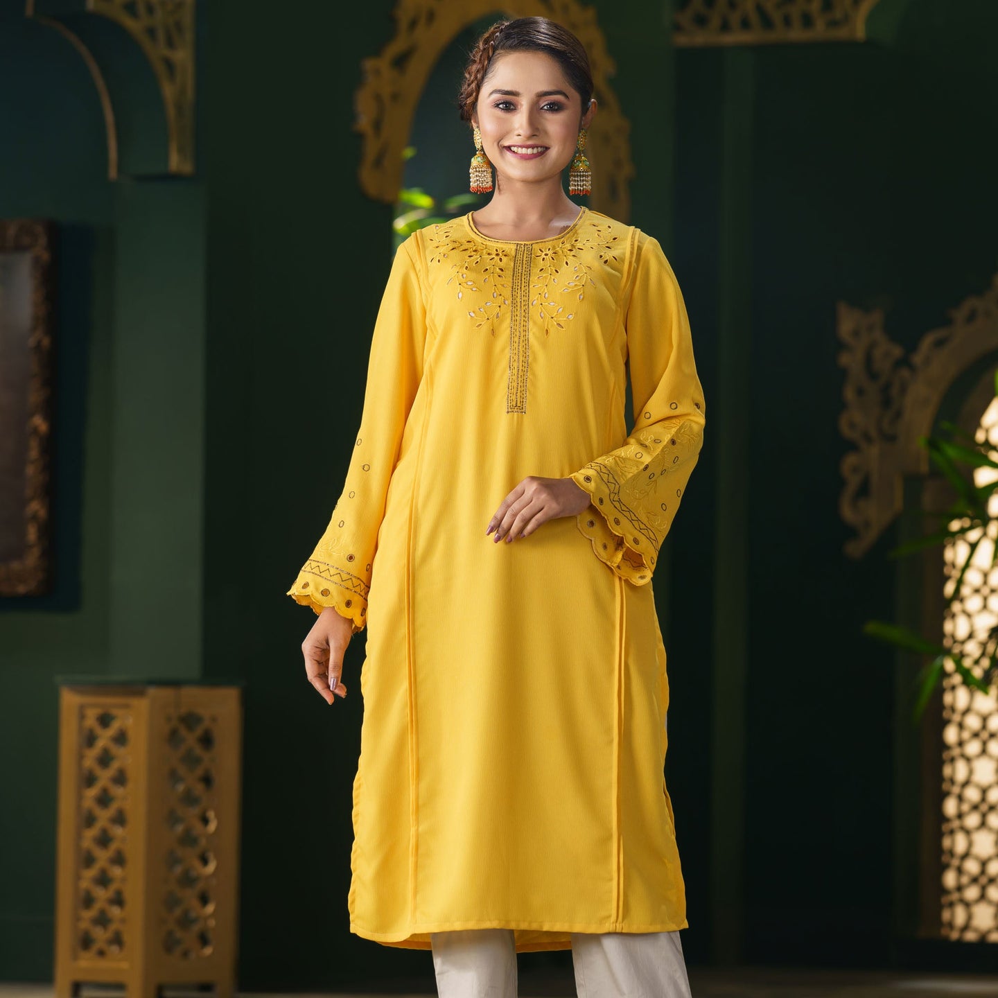 ETHNIC HIGH RANGE KURTI-YELLOW